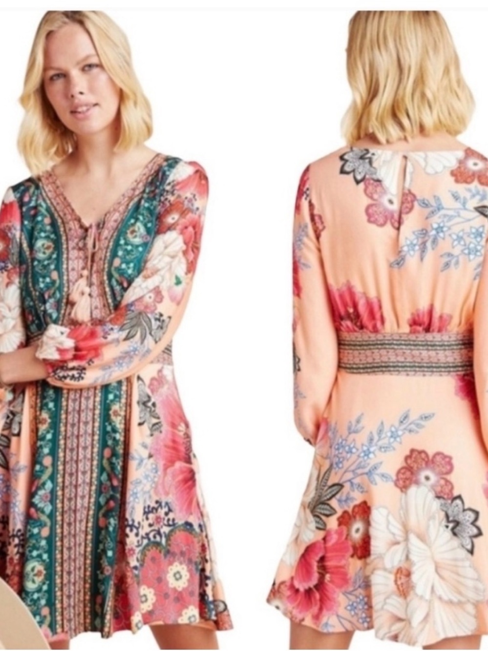 FARM Rio Peach and Teal Bohemian Floral Mini Dress